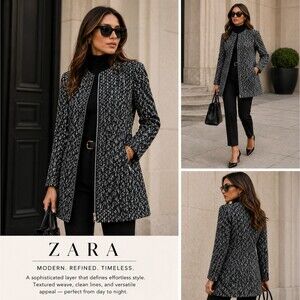 Zara Basic Collection Tweed Longline Zip Jacket S Blue Black White Frock Pockets